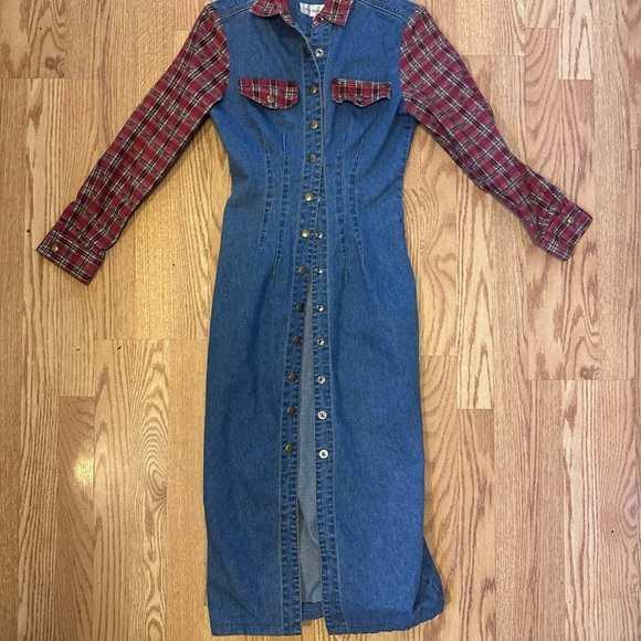 Vintage Denim Long Dress with Red Plaid Sleeves Full Length Snaps - Picture 1 of 8
